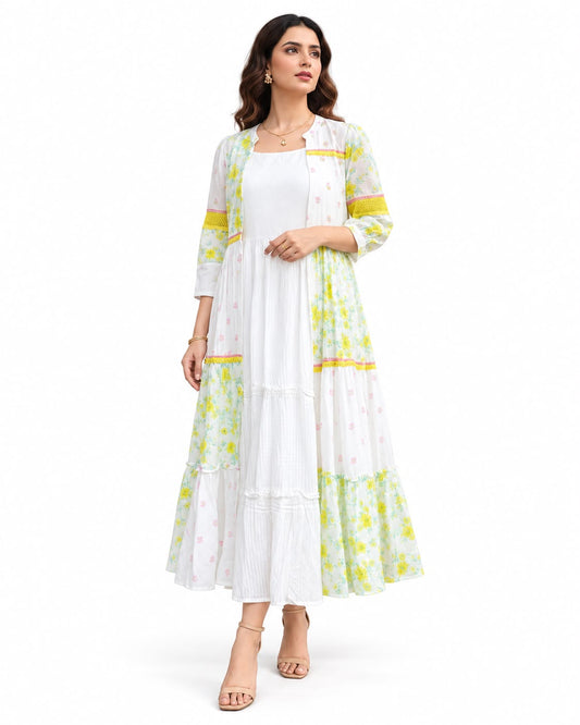 Sunshine Floral Tiered Maxi Dress with Lace-Trimmed Shrug Jacket