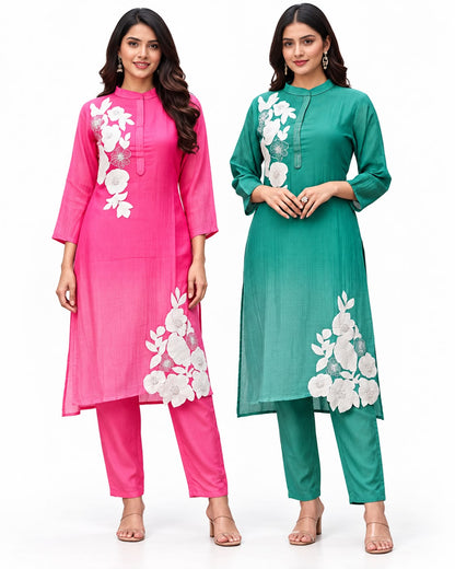 Women’s Floral Embroidered Straight Kurta Pant Set