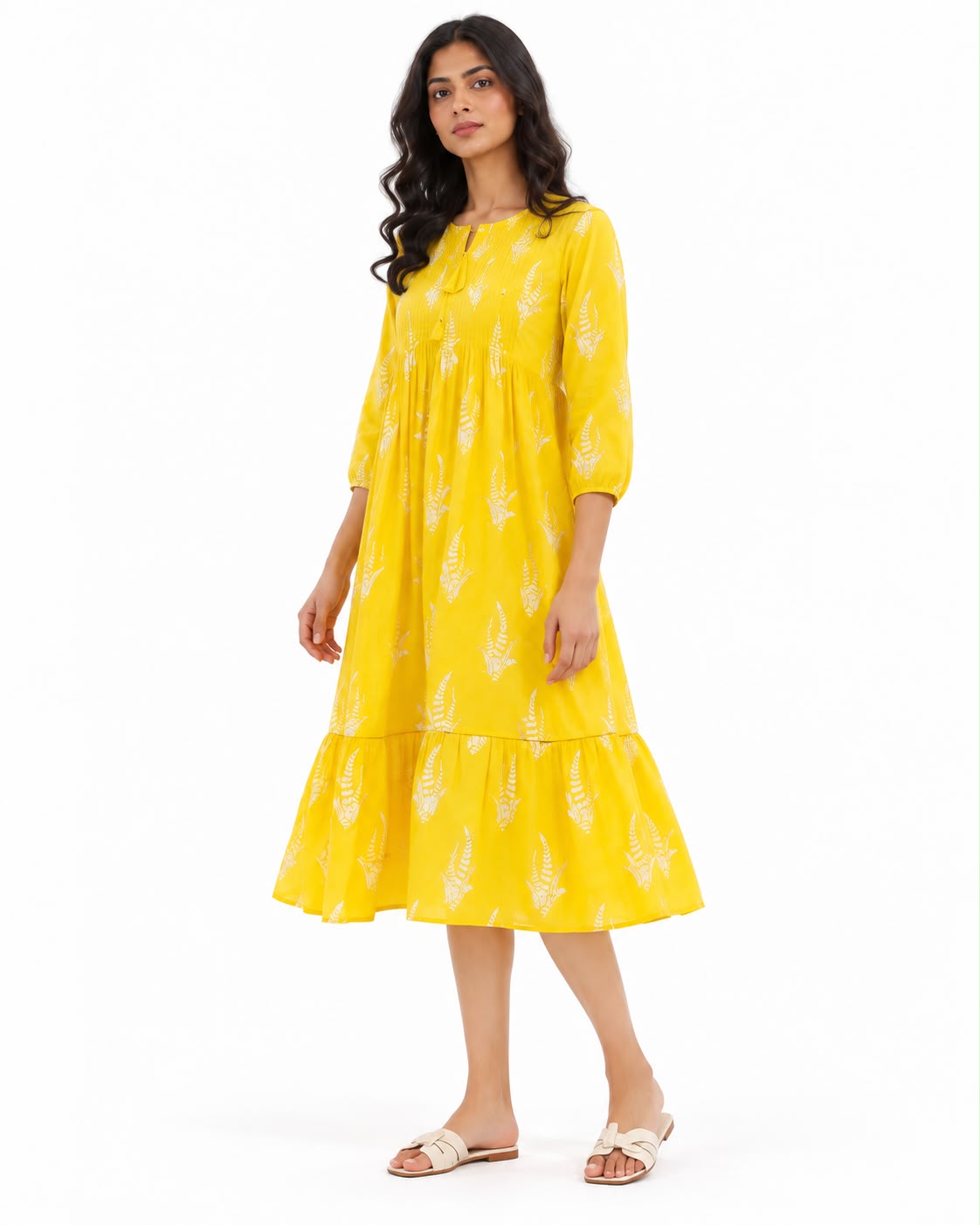 Women’s Mustard Yellow Printed Tiered Midi Dress