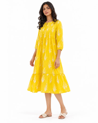 Women’s Mustard Yellow Printed Tiered Midi Dress