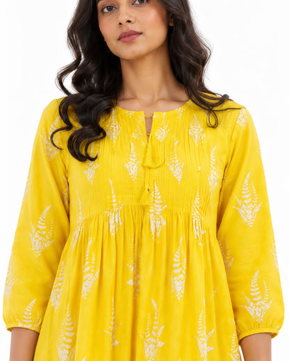 Women’s Mustard Yellow Printed Tiered Midi Dress