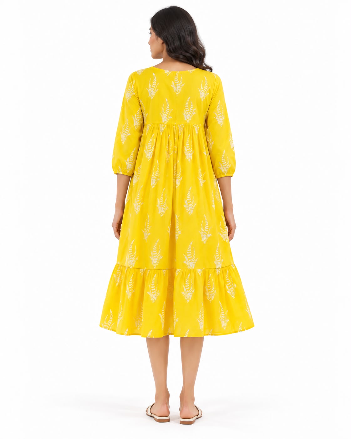 Women’s Mustard Yellow Printed Tiered Midi Dress