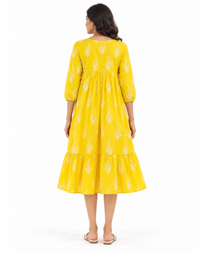 Women’s Mustard Yellow Printed Tiered Midi Dress