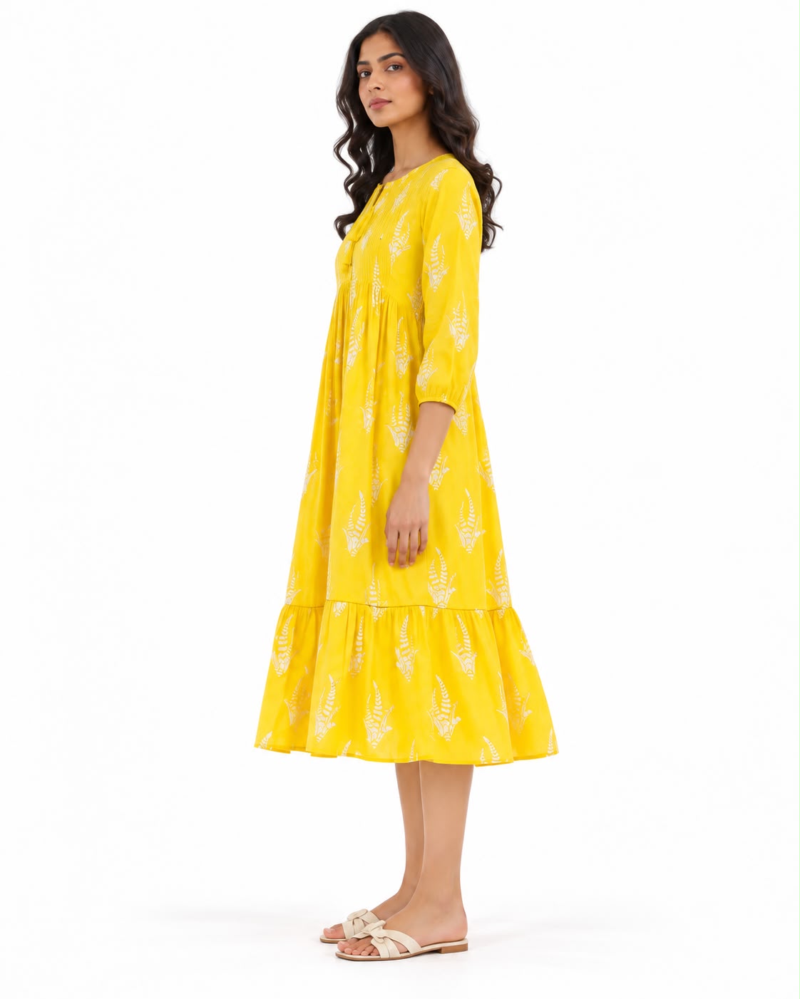 Women’s Mustard Yellow Printed Tiered Midi Dress