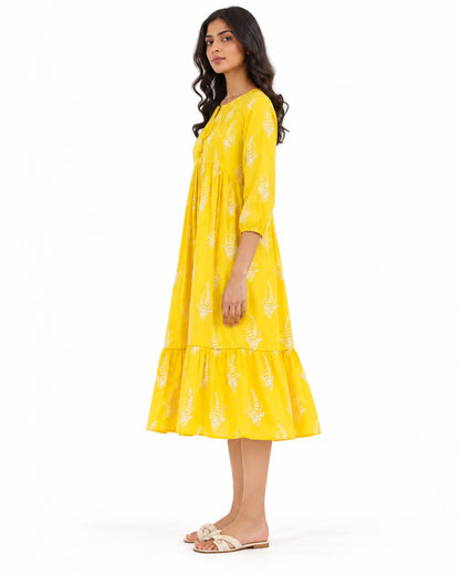 Women’s Mustard Yellow Printed Tiered Midi Dress