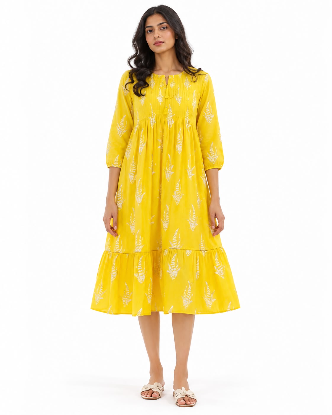 Women’s Mustard Yellow Printed Tiered Midi Dress