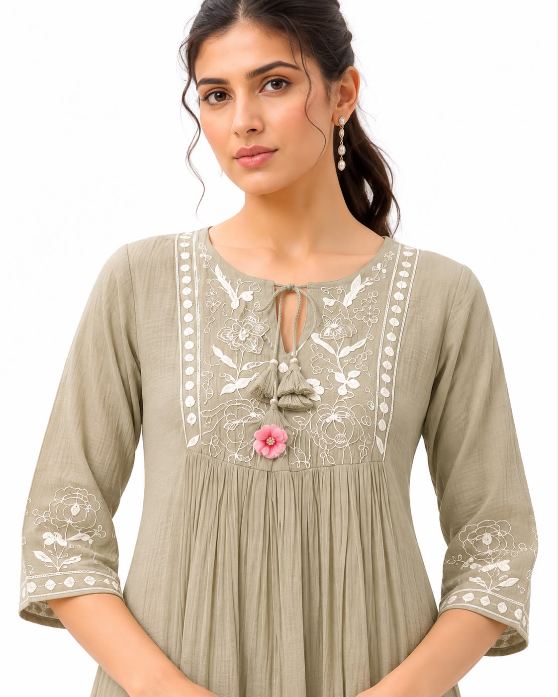 Floral Ethnic Midi Dress with 3/4 Sleeves