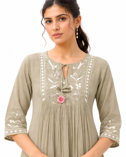 Floral Ethnic Midi Dress with 3/4 Sleeves