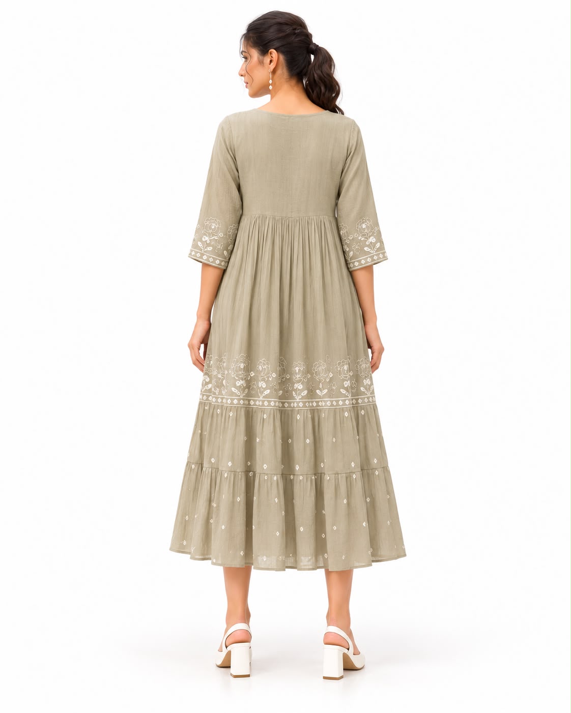 Floral Ethnic Midi Dress with 3/4 Sleeves