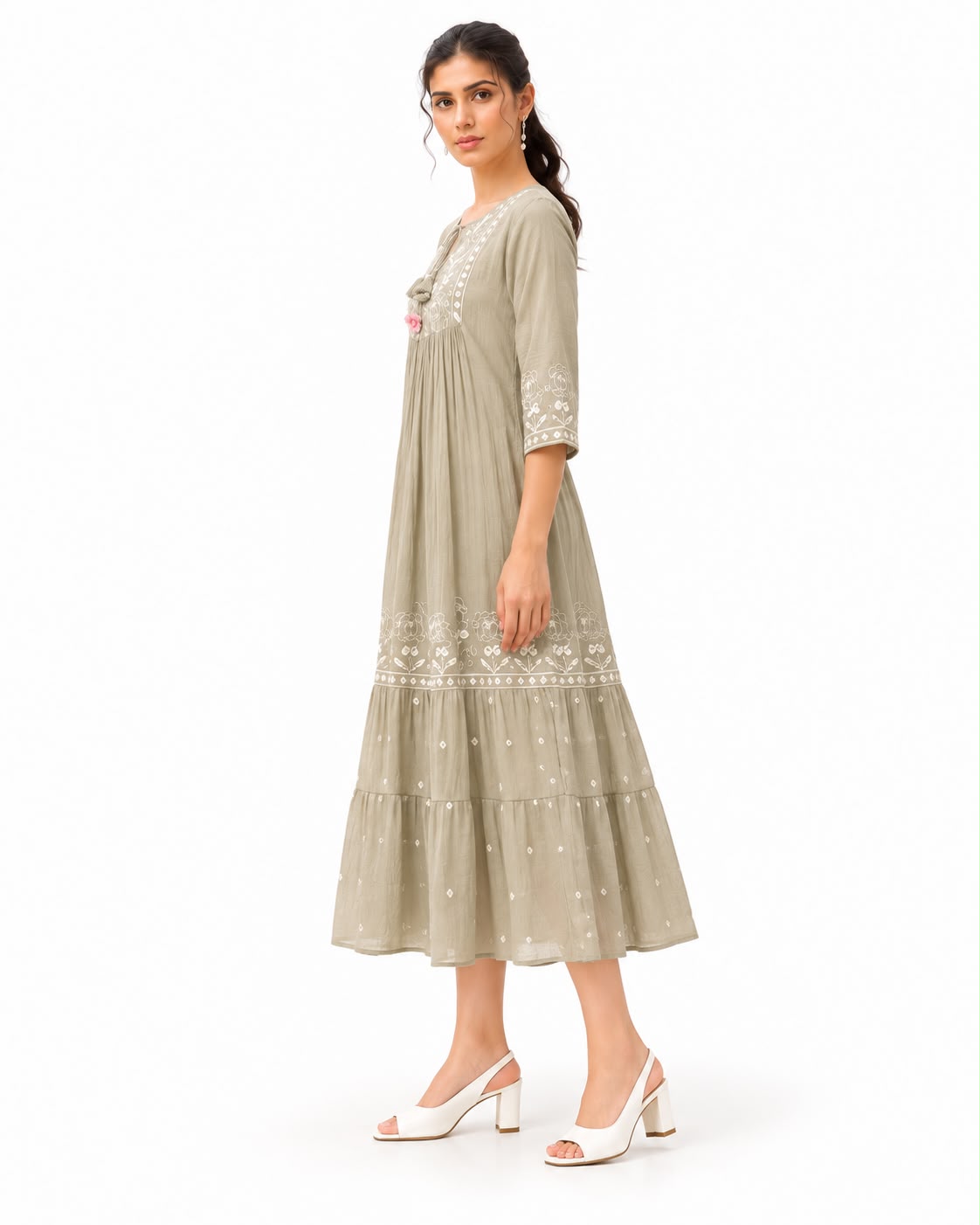 Floral Ethnic Midi Dress with 3/4 Sleeves