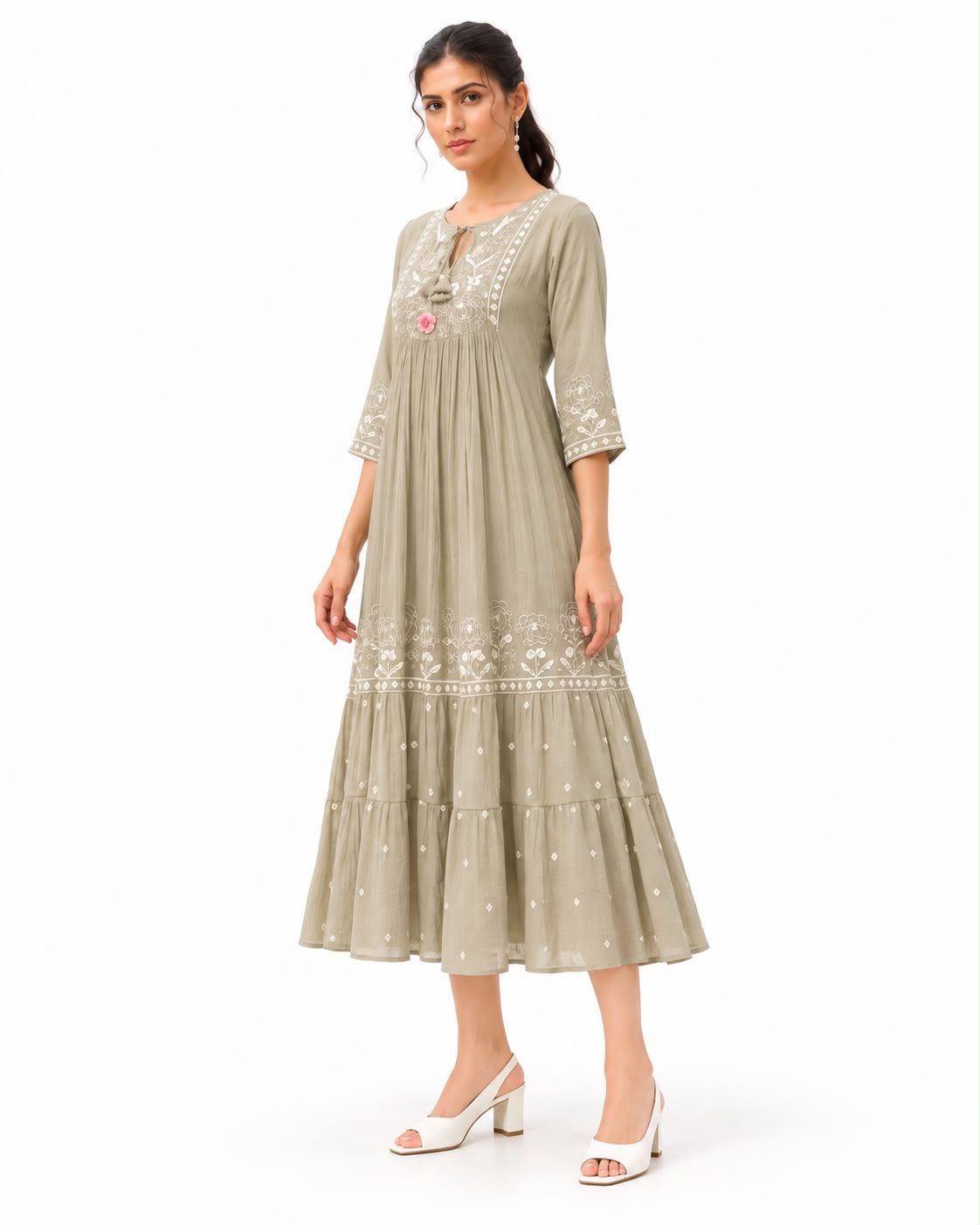 Floral Ethnic Midi Dress with 3/4 Sleeves