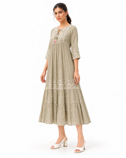 Floral Ethnic Midi Dress with 3/4 Sleeves