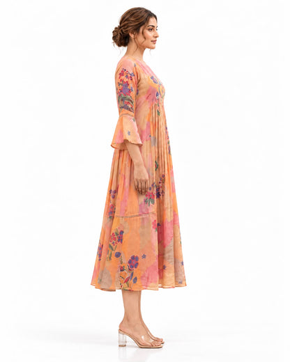 Elegant Multicolor Ethnic Dress with Flared 3/4 Sleeves