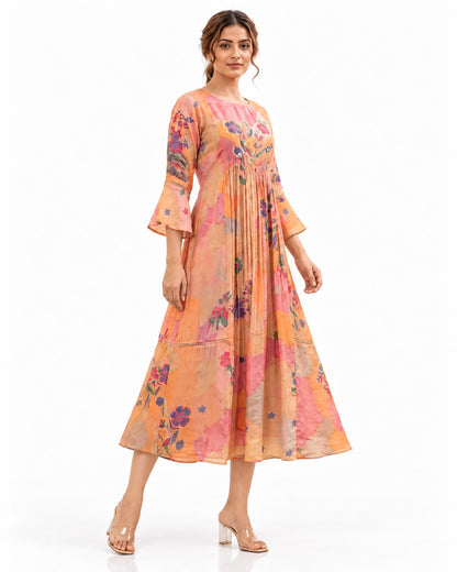 Elegant Multicolor Ethnic Dress with Flared 3/4 Sleeves