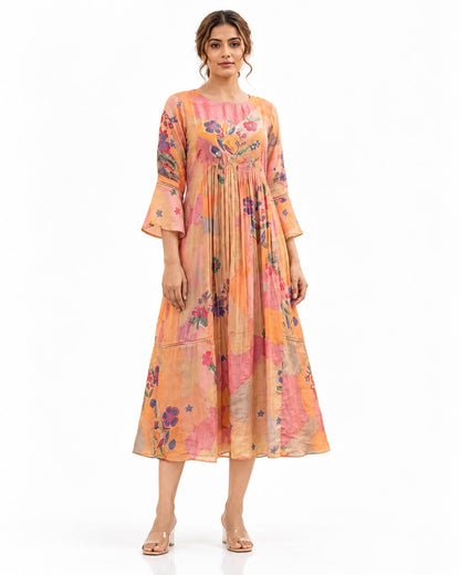 Elegant Multicolor Ethnic Dress with Flared 3/4 Sleeves