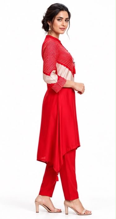 Women’s Red Asymmetric Kurta Pant Set