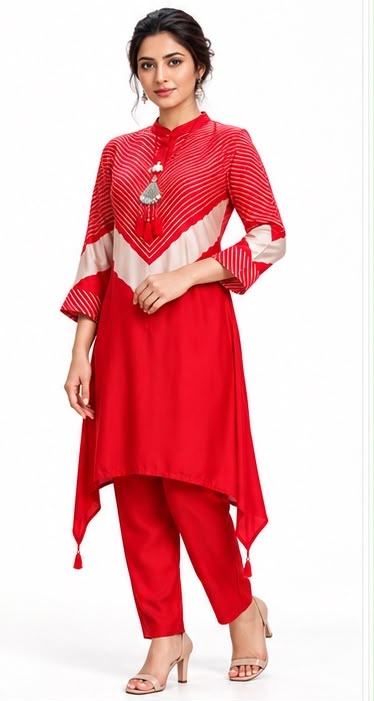 Women’s Red Asymmetric Kurta Pant Set