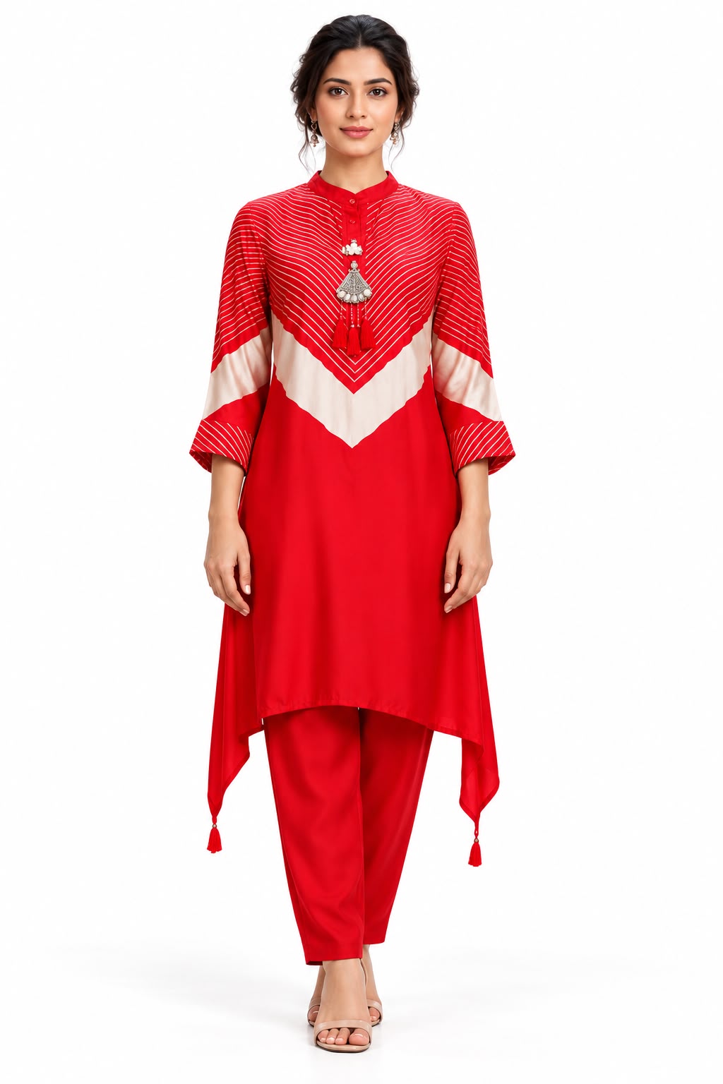 Women’s Red Asymmetric Kurta Pant Set