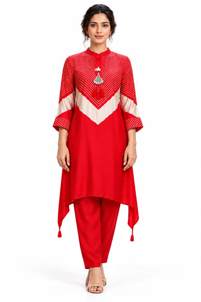 Women’s Red Asymmetric Kurta Pant Set