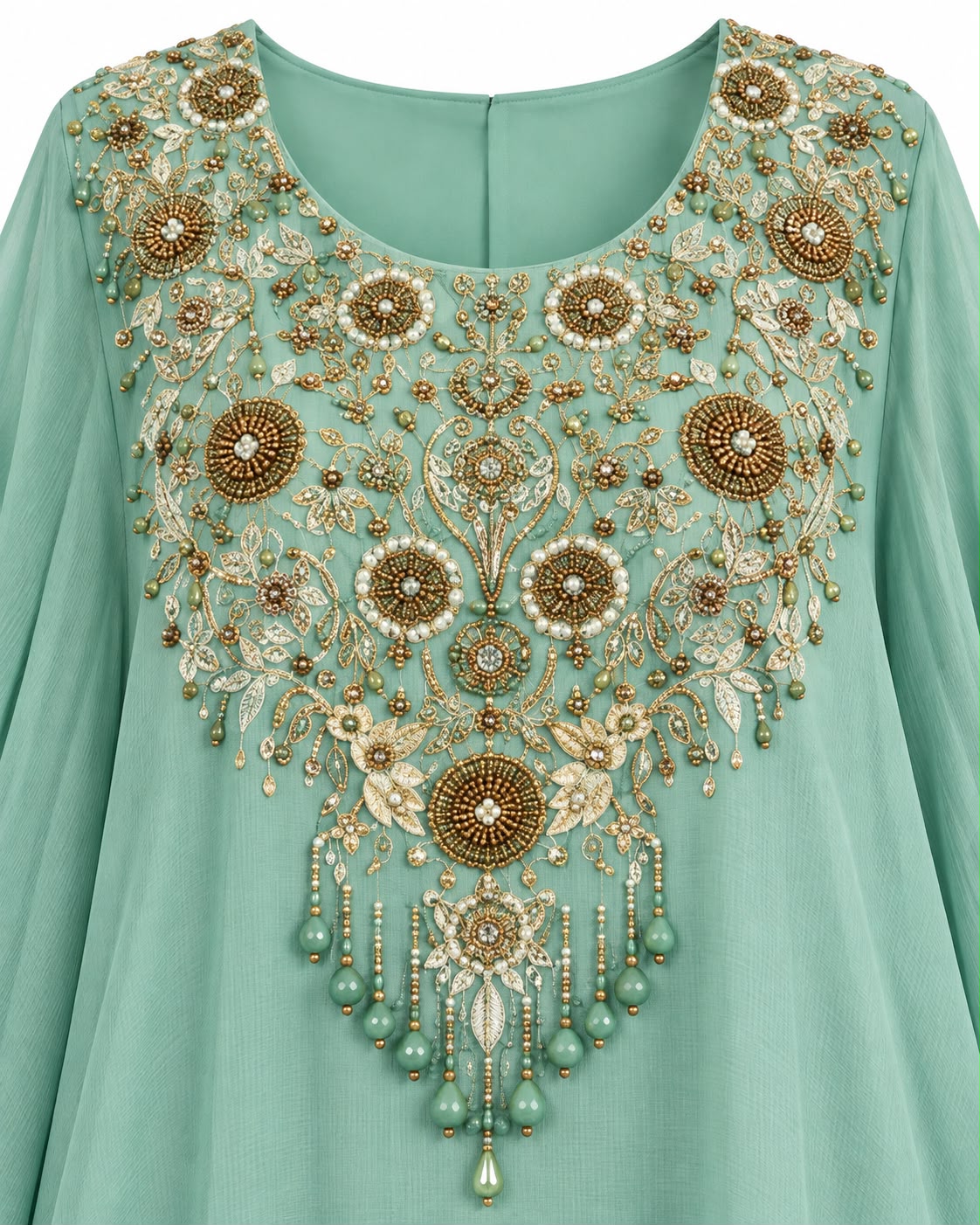 Mint Green Embroidered Kaftan Style Sharara Suit with Golden Floral Embellishments