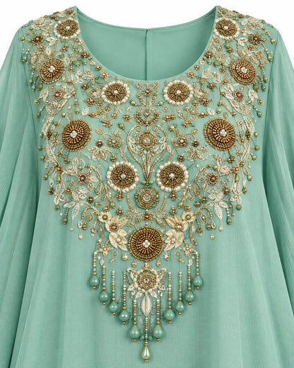 Mint Green Embroidered Kaftan Style Sharara Suit with Golden Floral Embellishments