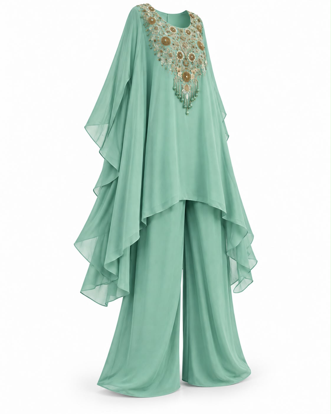 Mint Green Embroidered Kaftan Style Sharara Suit with Golden Floral Embellishments