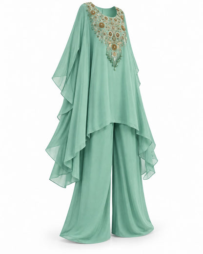 Mint Green Embroidered Kaftan Style Sharara Suit with Golden Floral Embellishments