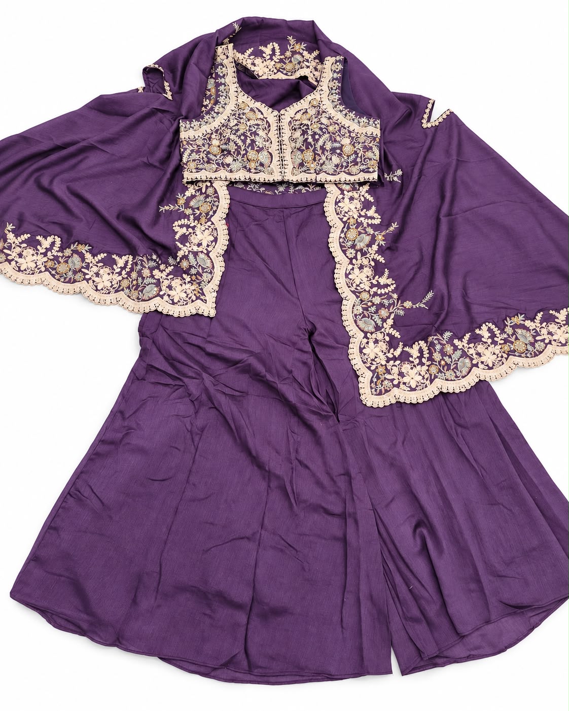 Purple Embroidered Crop Top & Flared Palazzo Set with Scalloped Cape Dupatta – Festive Sharara Style Co-ord