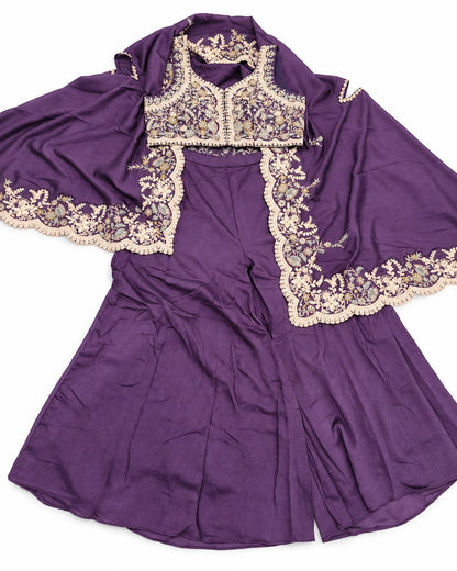 Purple Embroidered Crop Top & Flared Palazzo Set with Scalloped Cape Dupatta – Festive Sharara Style Co-ord
