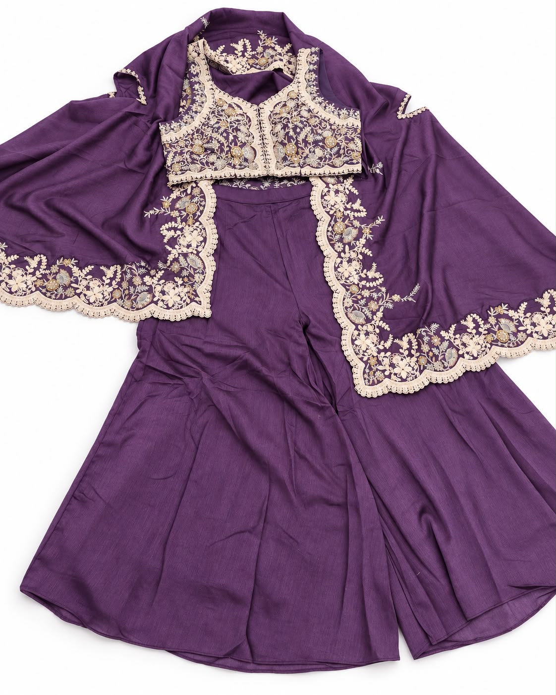 Purple Embroidered Crop Top & Flared Palazzo Set with Scalloped Cape Dupatta – Festive Sharara Style Co-ord