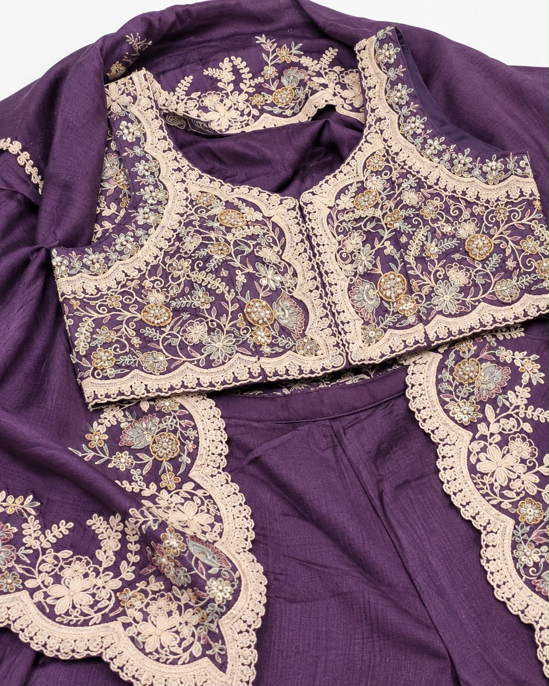 Purple Embroidered Crop Top & Flared Palazzo Set with Scalloped Cape Dupatta – Festive Sharara Style Co-ord