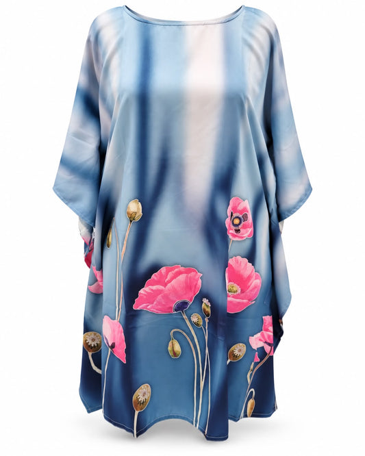 Blue Ombre Poppy Print Kaftan Top – Round Neck Satin-Finish Loose Fit Tunic with Pink Floral Print
