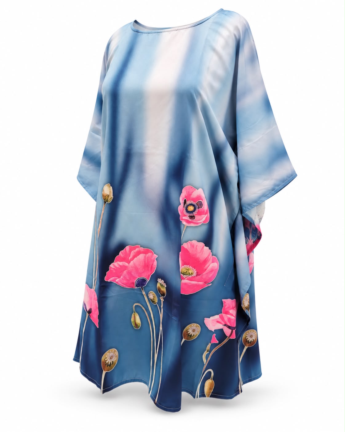 Blue Ombre Poppy Print Kaftan Top – Round Neck Satin-Finish Loose Fit Tunic with Pink Floral Print