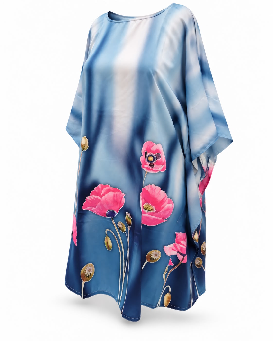 Blue Ombre Poppy Print Kaftan Top – Round Neck Satin-Finish Loose Fit Tunic with Pink Floral Print