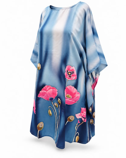 Blue Ombre Poppy Print Kaftan Top – Round Neck Satin-Finish Loose Fit Tunic with Pink Floral Print