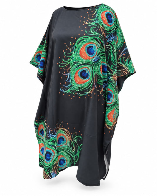 Black Peacock Feather Print Kaftan Top