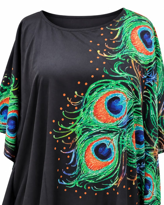 Black Peacock Feather Print Kaftan Top