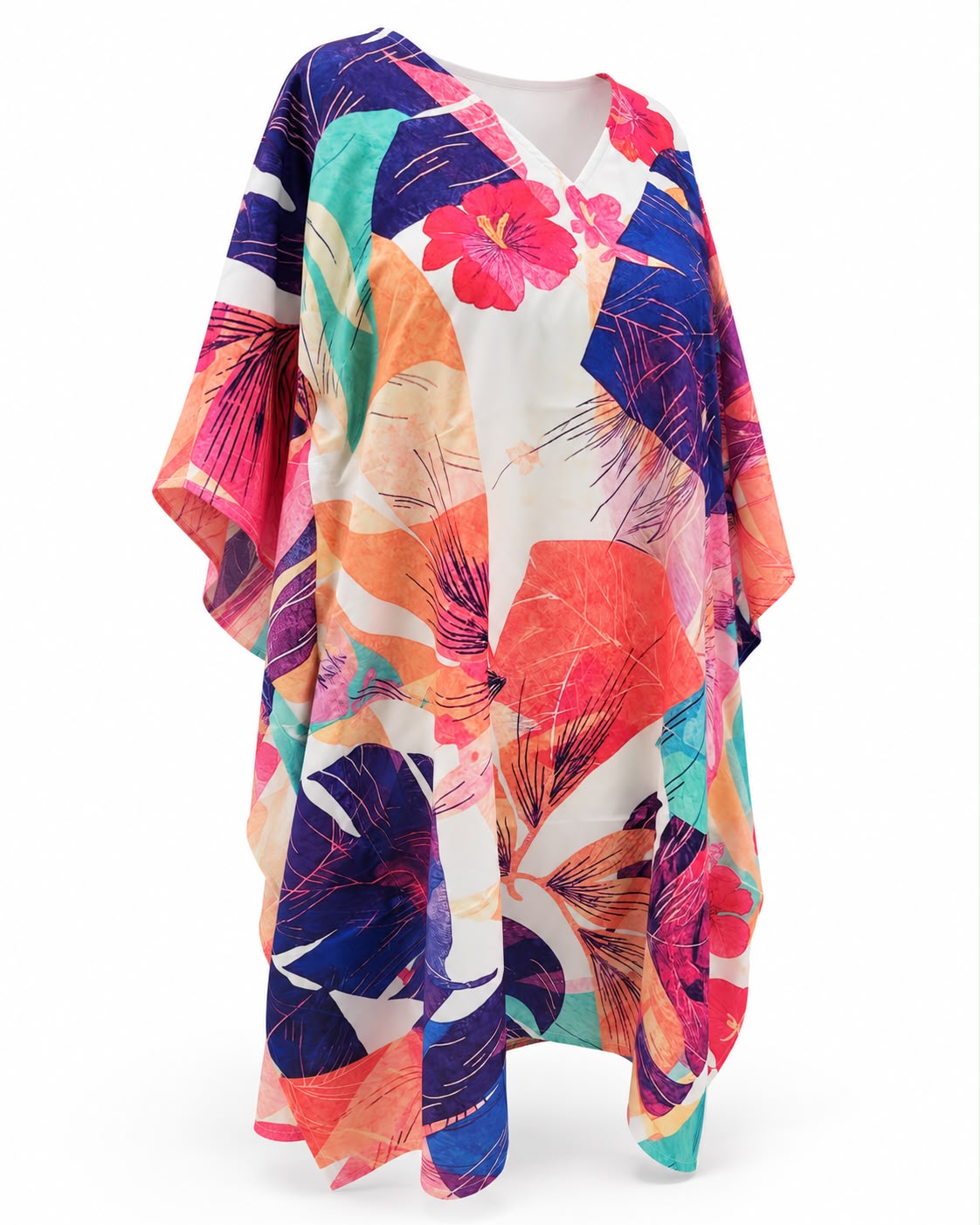 Tropical Abstract Leaf & Hibiscus Print Kaftan