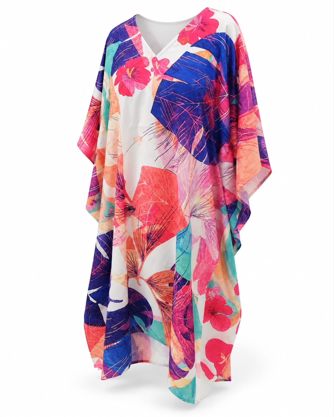 Tropical Abstract Leaf & Hibiscus Print Kaftan