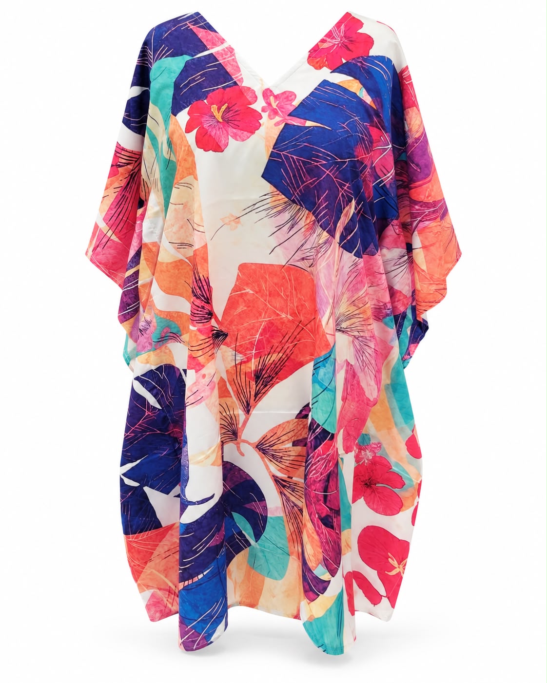Tropical Abstract Leaf & Hibiscus Print Kaftan