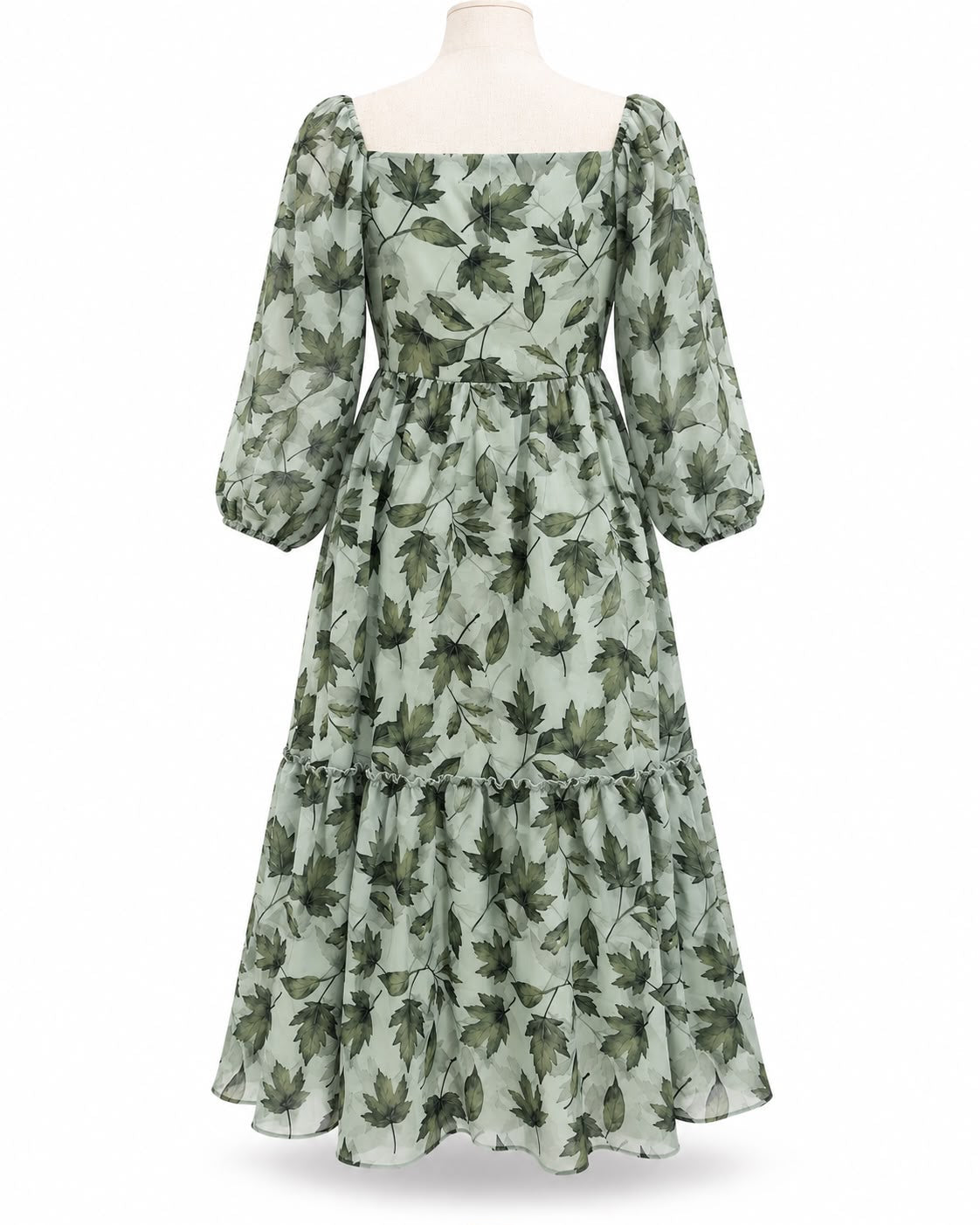 Sage Green Leaf Print Midi Dress