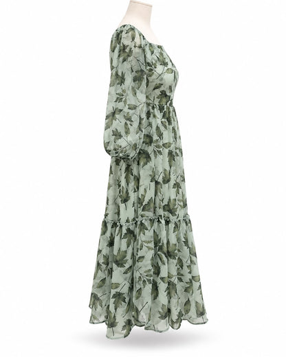 Sage Green Leaf Print Midi Dress
