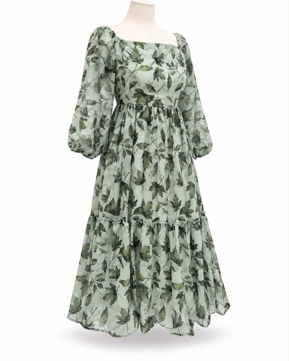 Sage Green Leaf Print Midi Dress