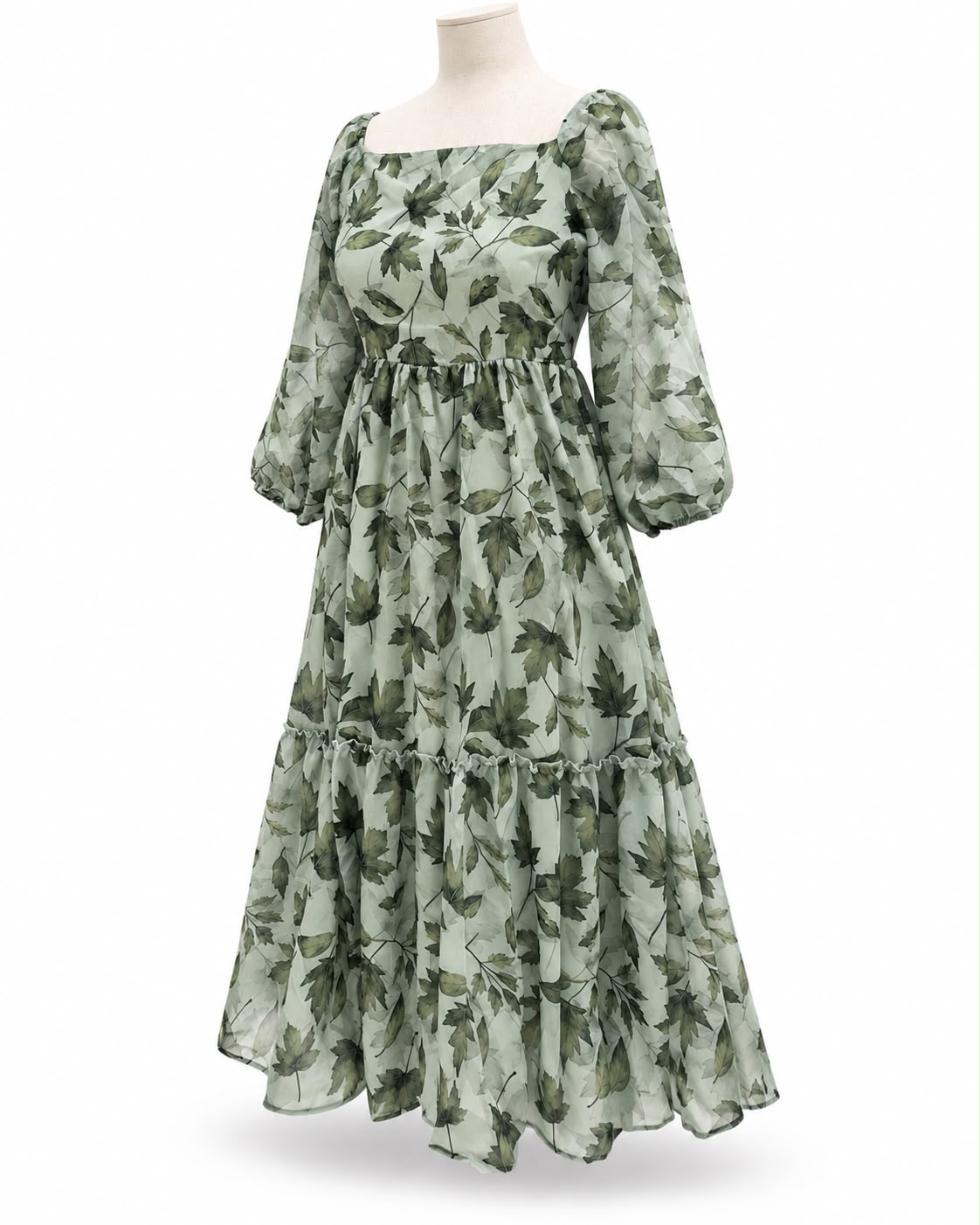 Sage Green Leaf Print Midi Dress