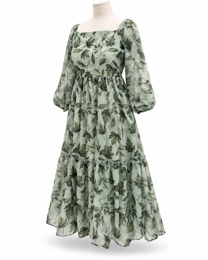 Sage Green Leaf Print Midi Dress