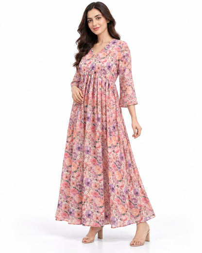 Pink & Lilac Floral Print Maxi Dress