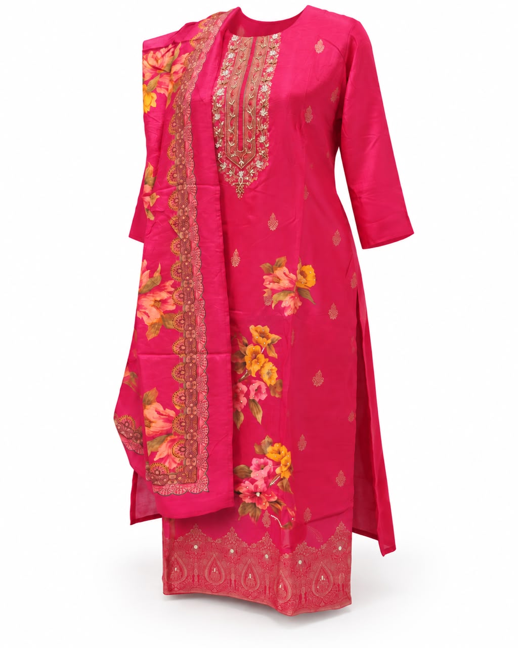 Rani Pink Floral Printed Embroidered Salwar Suit with Dupatta