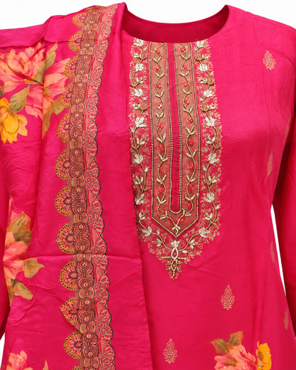 Rani Pink Floral Printed Embroidered Salwar Suit with Dupatta