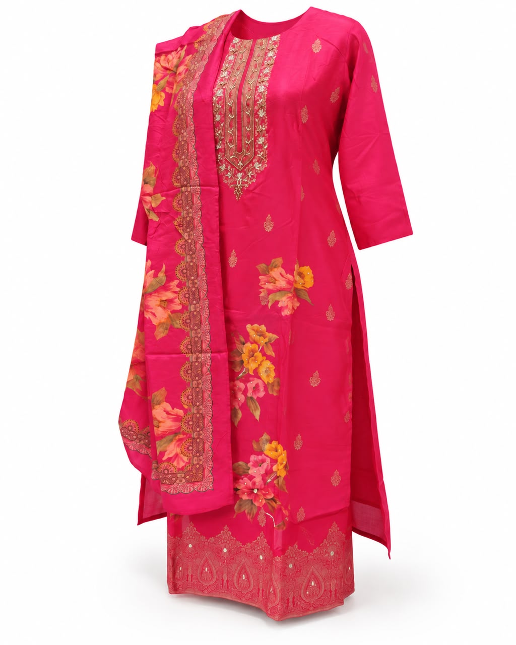 Rani Pink Floral Printed Embroidered Salwar Suit with Dupatta