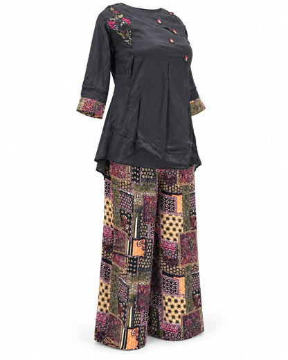 Black Embroidered Short Kurti with Patchwork Print Palazzo Co-ord Set